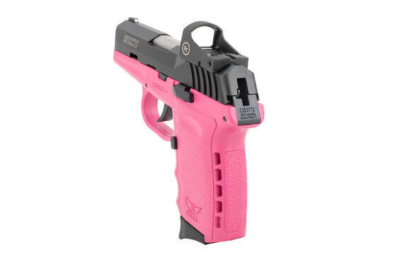 SCCY CPX-2 sub compact 9mm pistol with red dot and pink frame has a 10 round capacity